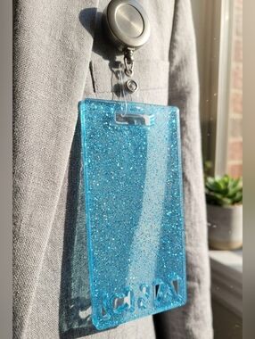 Handmade Blue Glitter CNA Badge Buddy Resin ID Holder Nurse Gift Cute